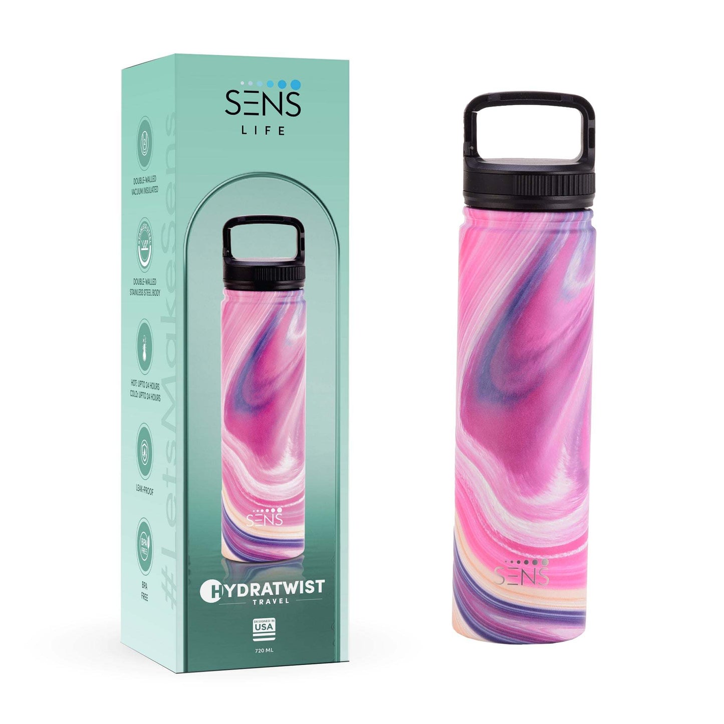 Double-walled stainless steel Hydra Twist Travel Water Bottle by SENS Life