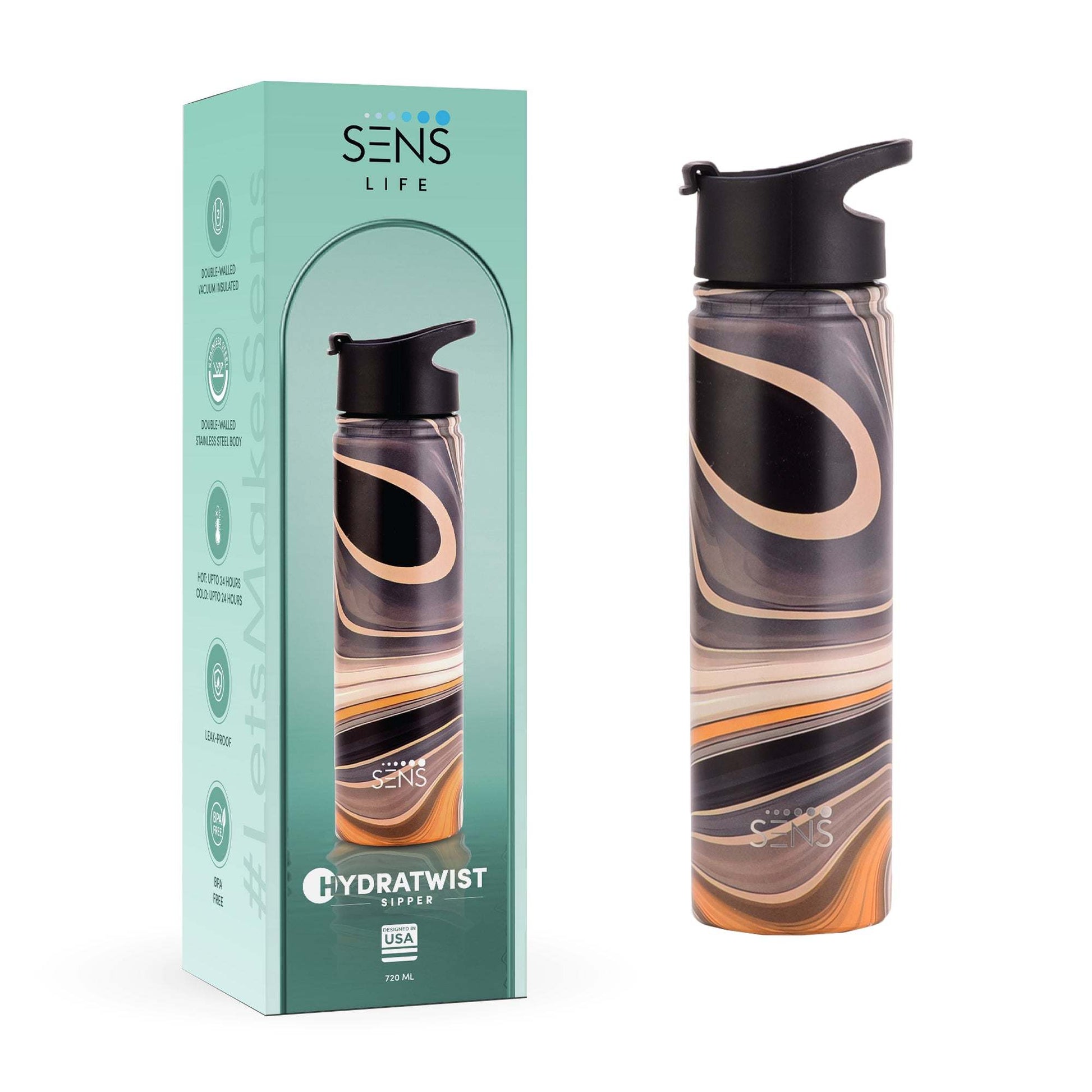 Double-walled stainless steel Hydra Twist Sipper Water Bottle by SENS Life