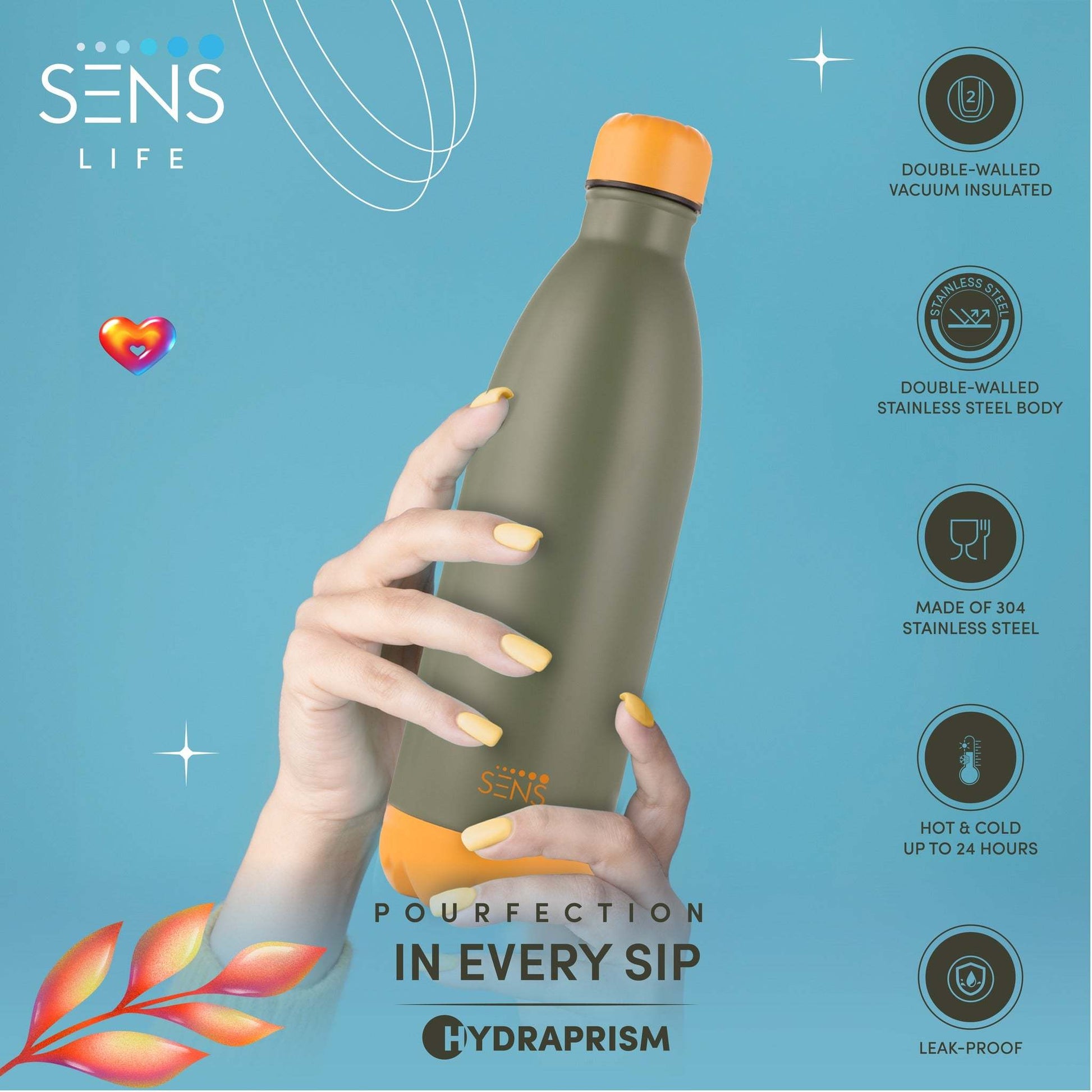 Double-walled stainless steel Hydra Prism water bottle by SENS Life